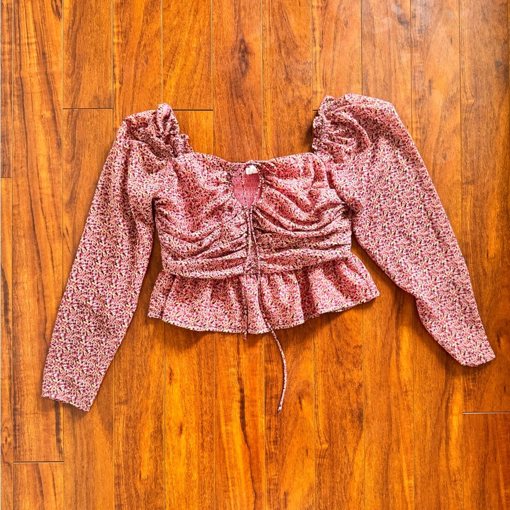 Beyond Words Pink Floral Ruched Long-Sleeve Peplum Top